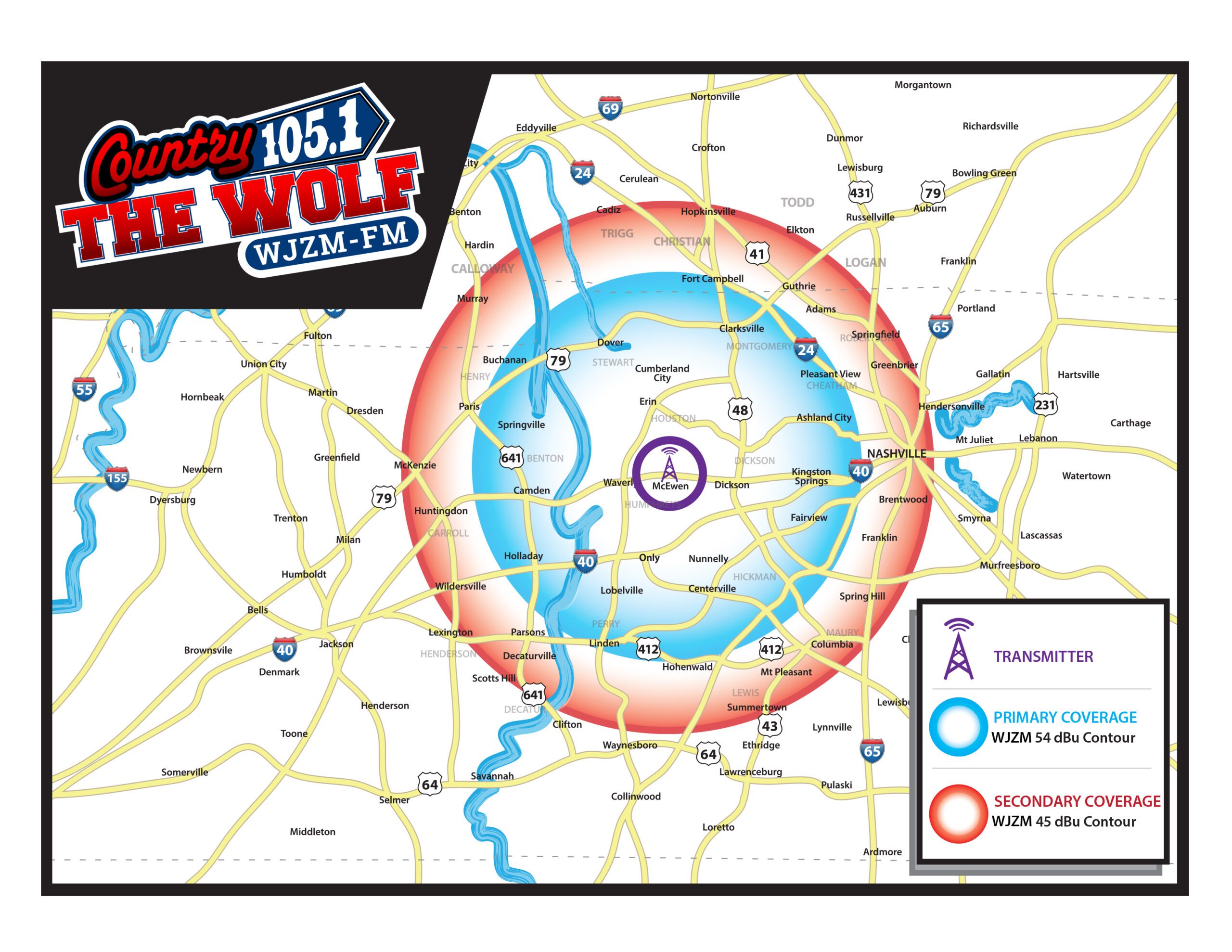 Coverage Map | Country 105.1 The Wolf (WJZM)
